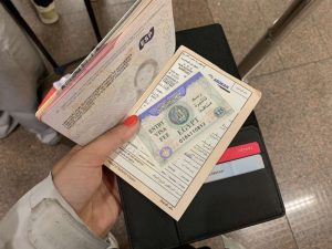 carla coge con la mano su pasaporte con el visado de egipto y la tarjeta de inmigración