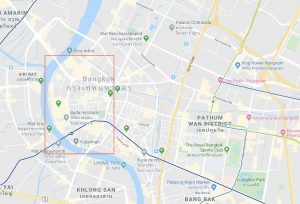 El mapa de Bangkok con mi zona favorita para buscar alojamiento marcada