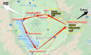 mapa Hakone con poblaciones importantes zonas para alojarse e itinerario ruta de los transportes